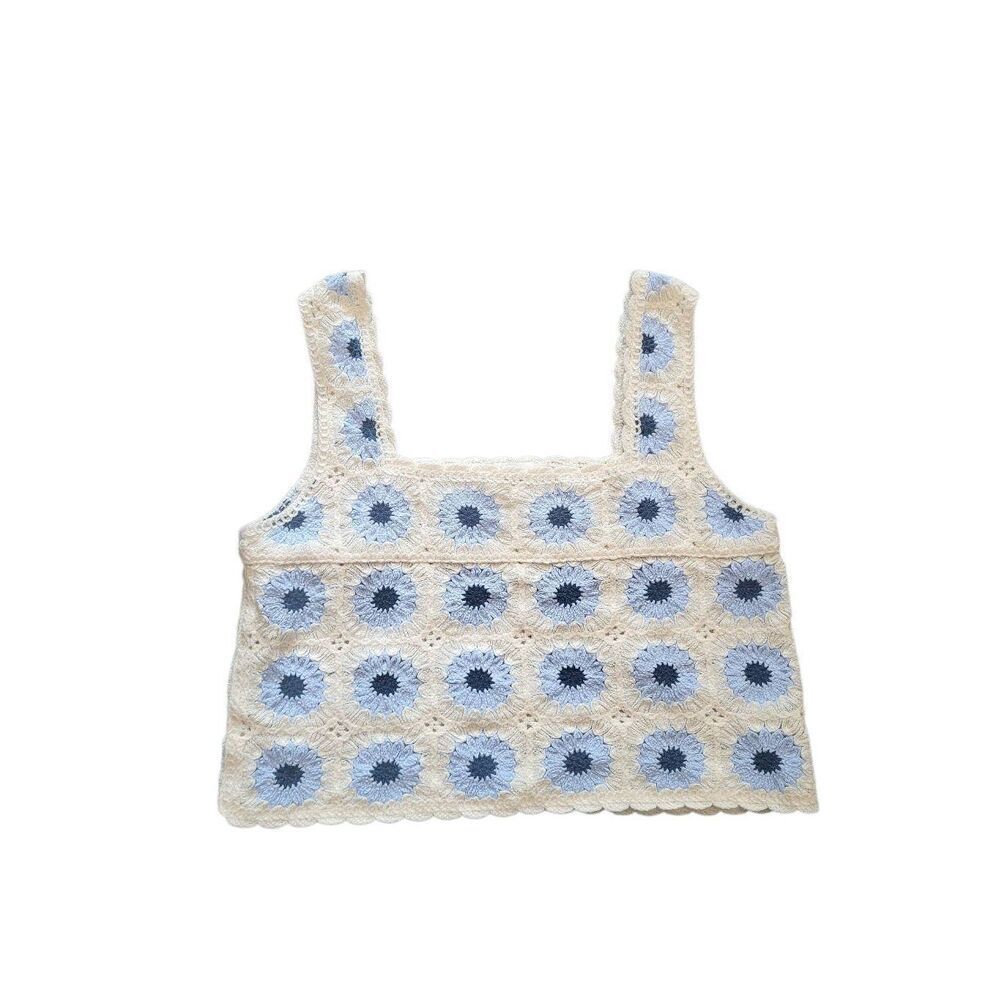 Rebellion Again Tank Top Women's Small White Blue Crochet Granny Square Cropped
